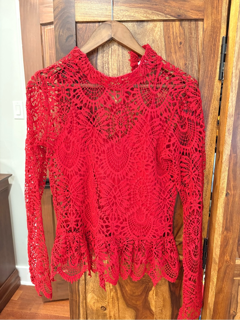Zara Red Crochet Lace Long-Sleeve Peplum Blouse